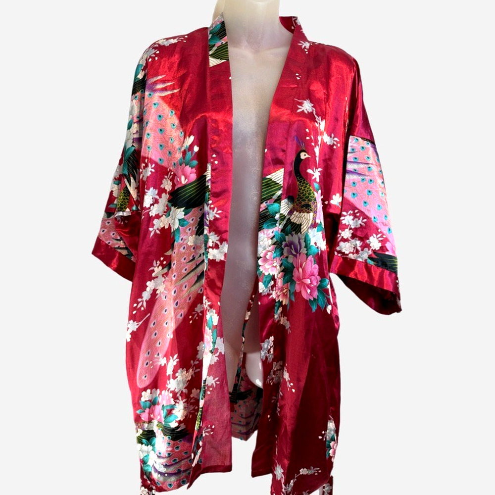 Wine Red Peacock Floral Satin Kimono Jacket – Japanese Inspired Layer Robe - Picture 2 of 9